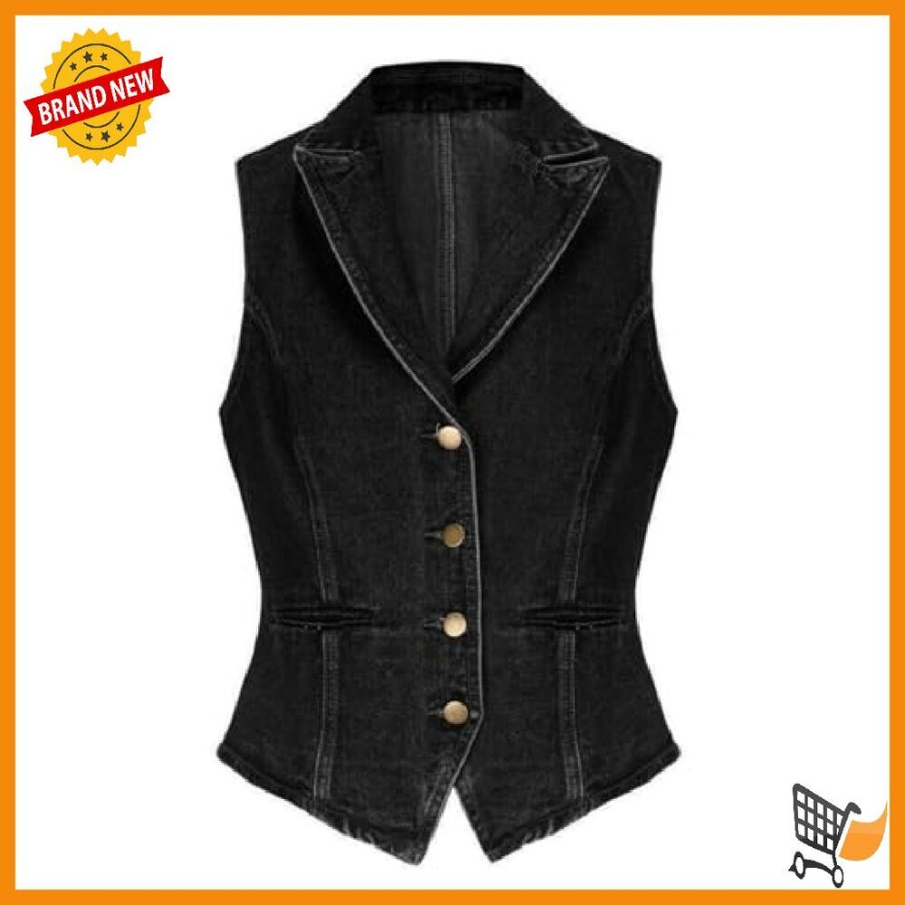 Slim Fit Denim Vest Lapel Sleeveless Button Down Work Casual - Picture 2 of 5